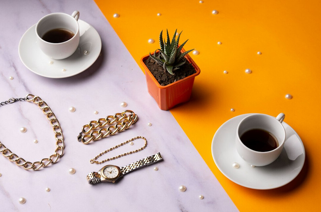 Elegant lifestyle flat lay with accessories and coffee