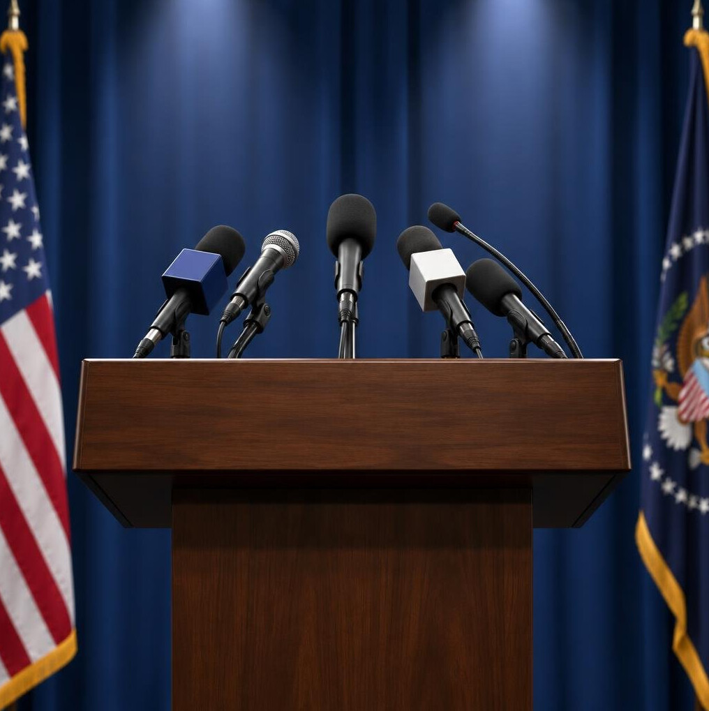 Press conference microphones on a podium