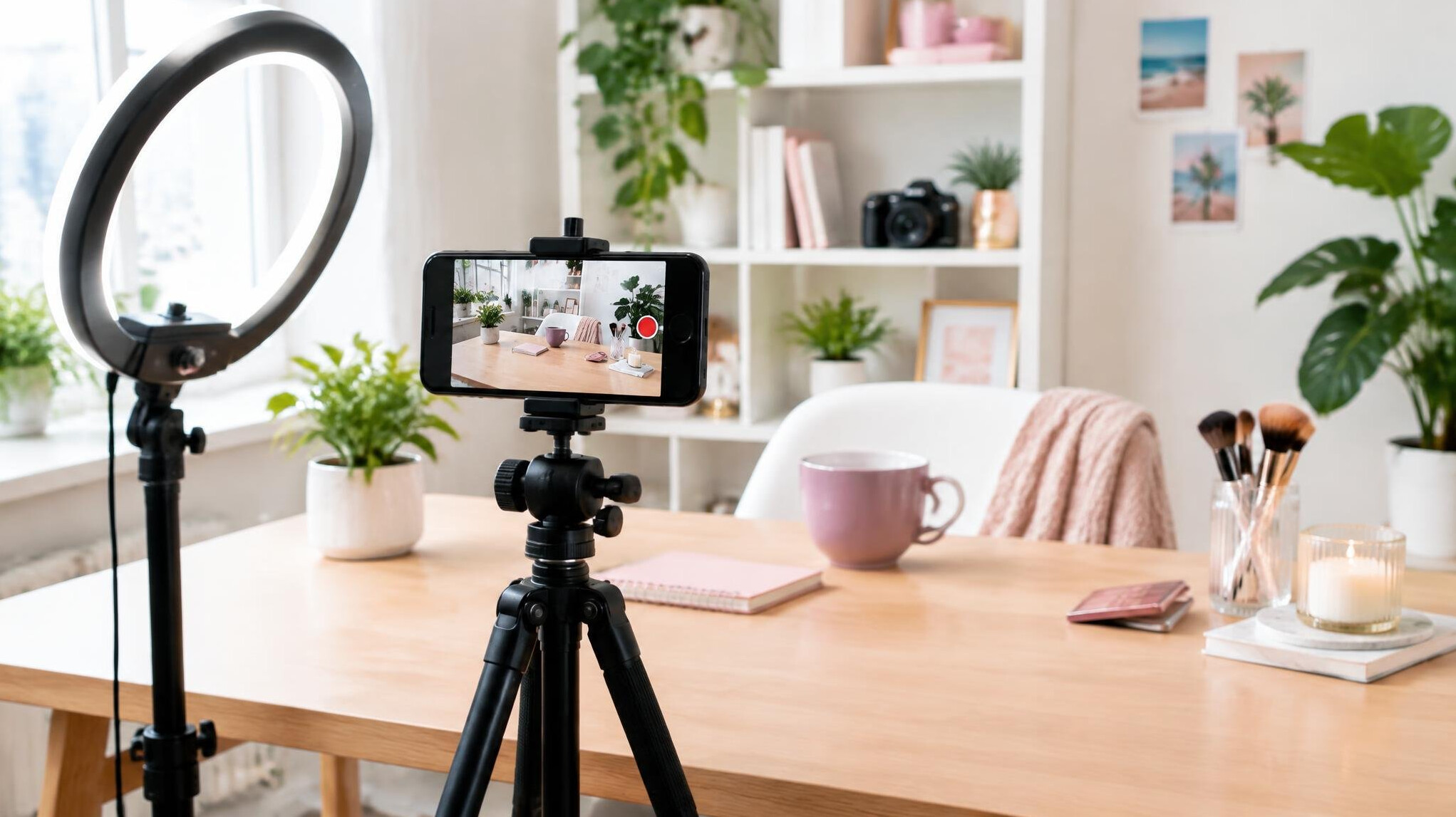 Content creator filming with a ring light and phone