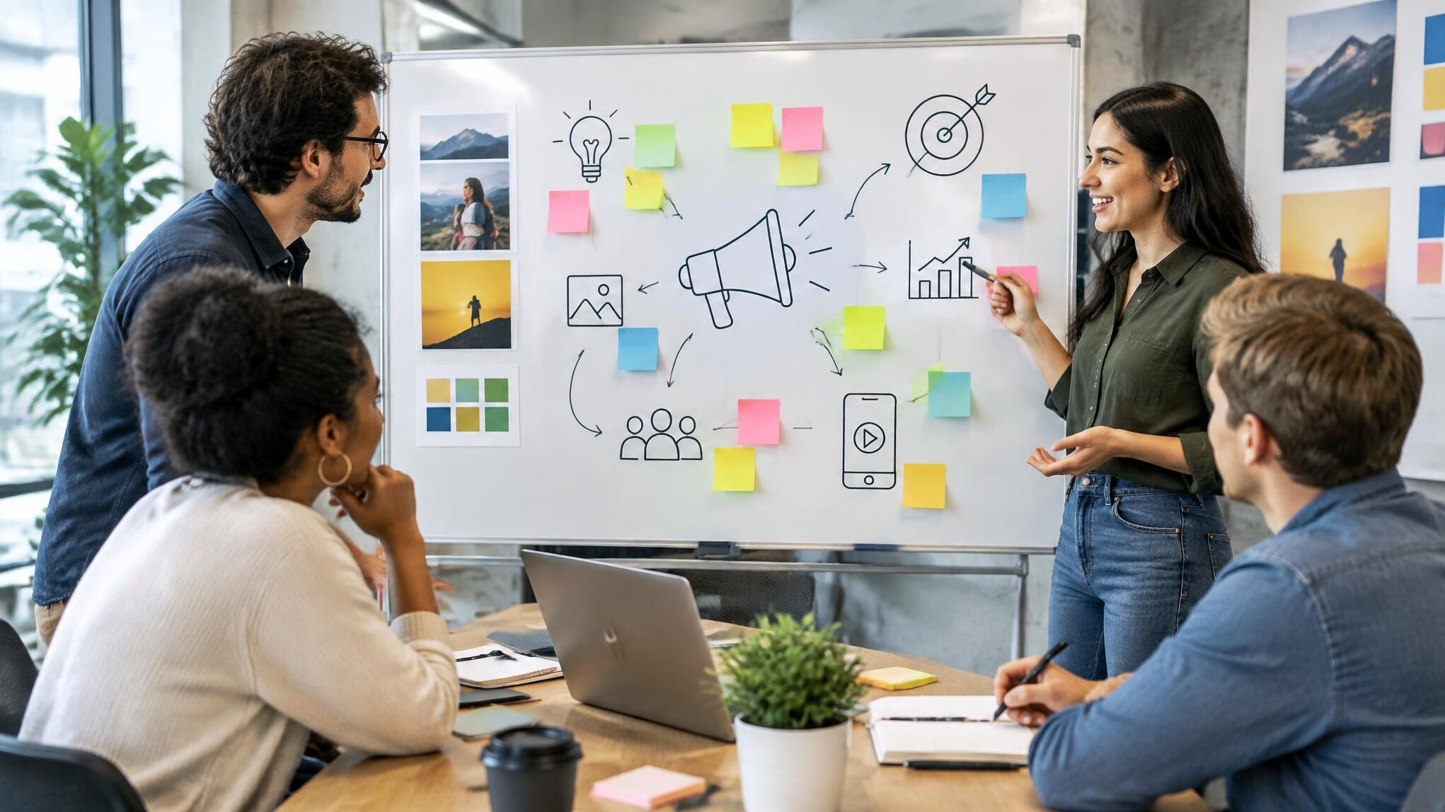 Team planning an advertising campaign on a whiteboard